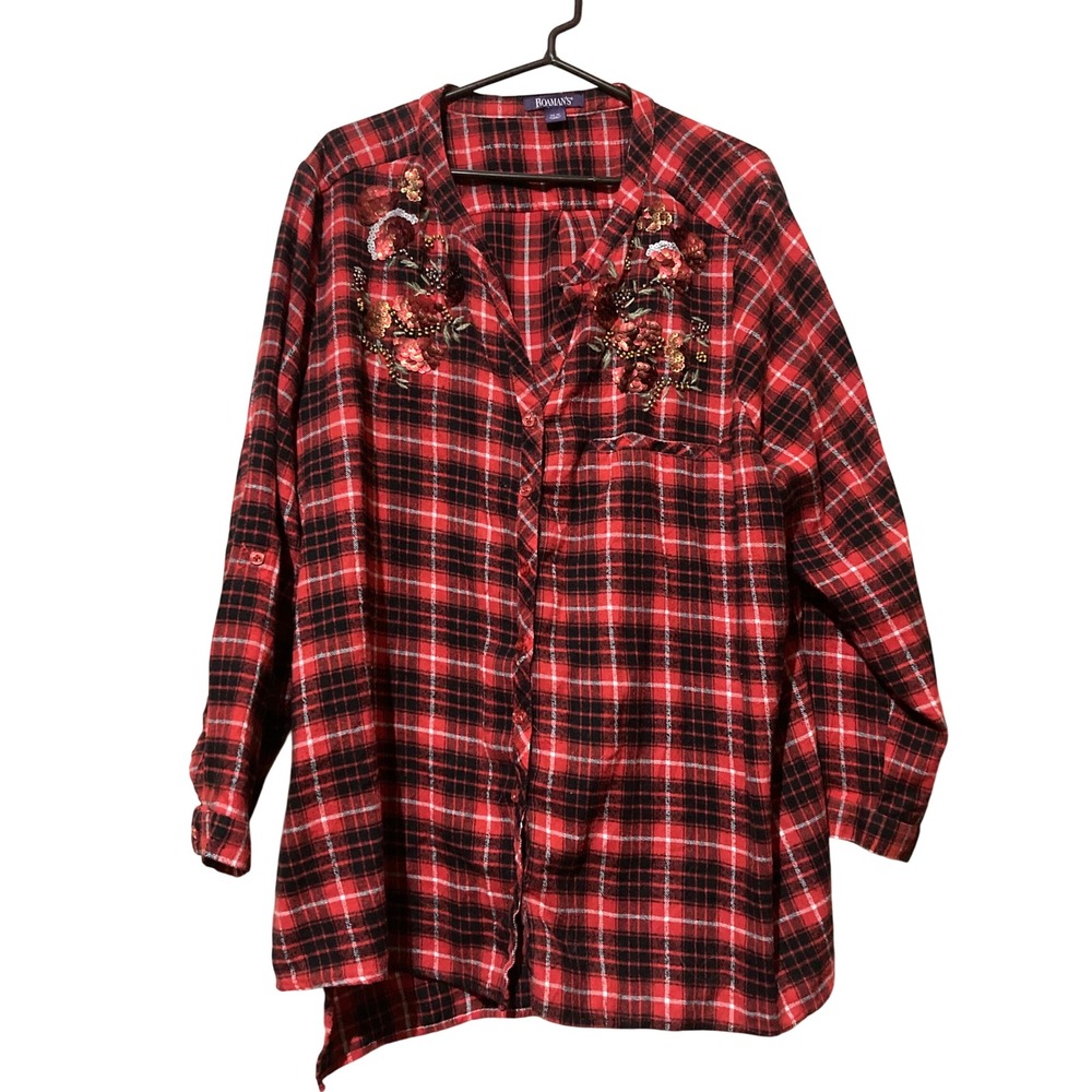 Roamans Red Black Plaid Sequin Floral Embroidered Tunic Blouse 30W Holiday